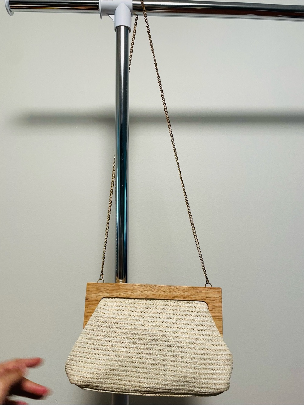 Haute Hippie- Woven Cream Crossbody Bag with Wood Frame
